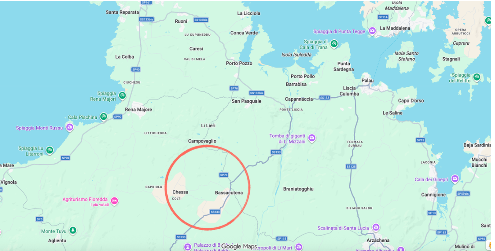 Mappa della Gallura con la posizione di Agrosarda tra Bassacutena e Chessa